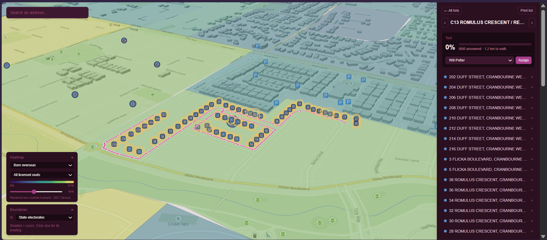 The map with a cut list selected: a numbered walking route down both sides of the street, over a census heatmap, with the assignment panel open